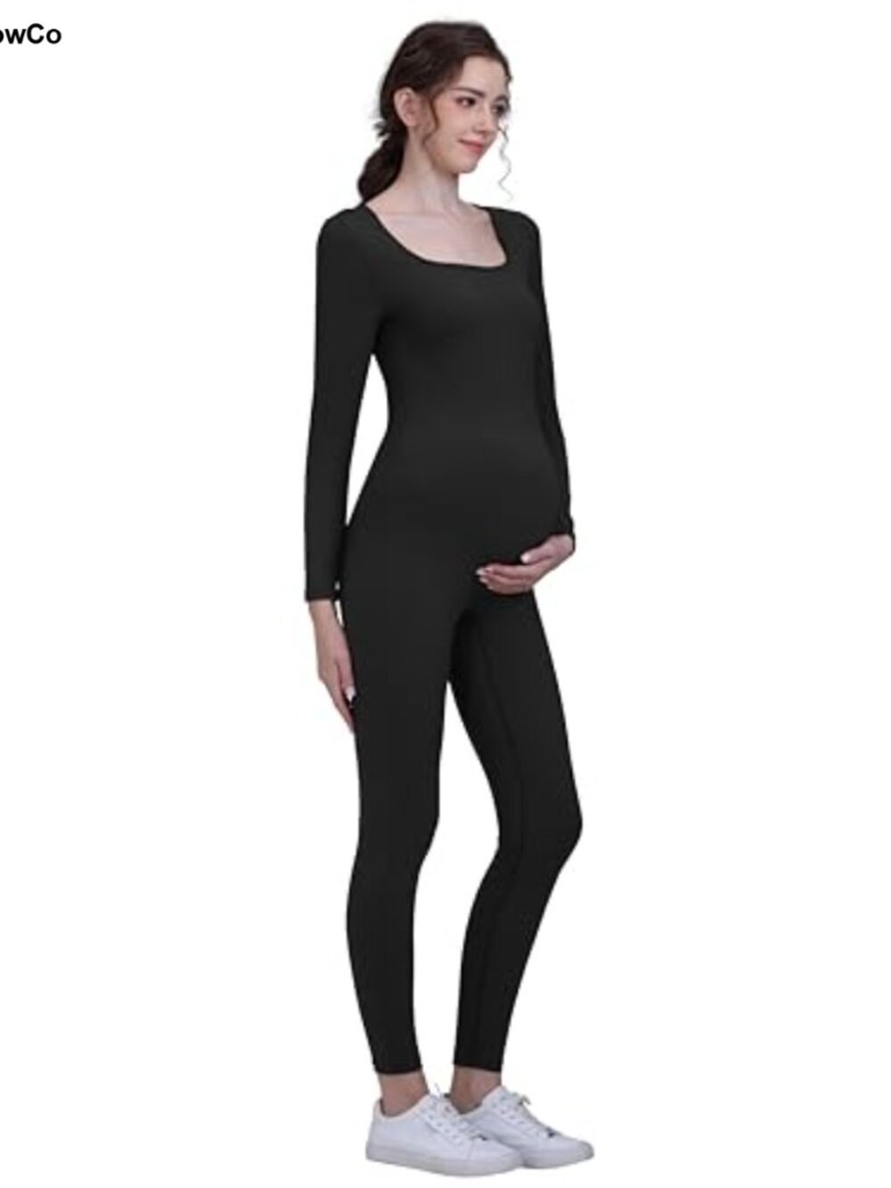 Maternity Jumpsuit Long Sleeve Pregnancy Bodysuit Square Neck Ribbed Belly